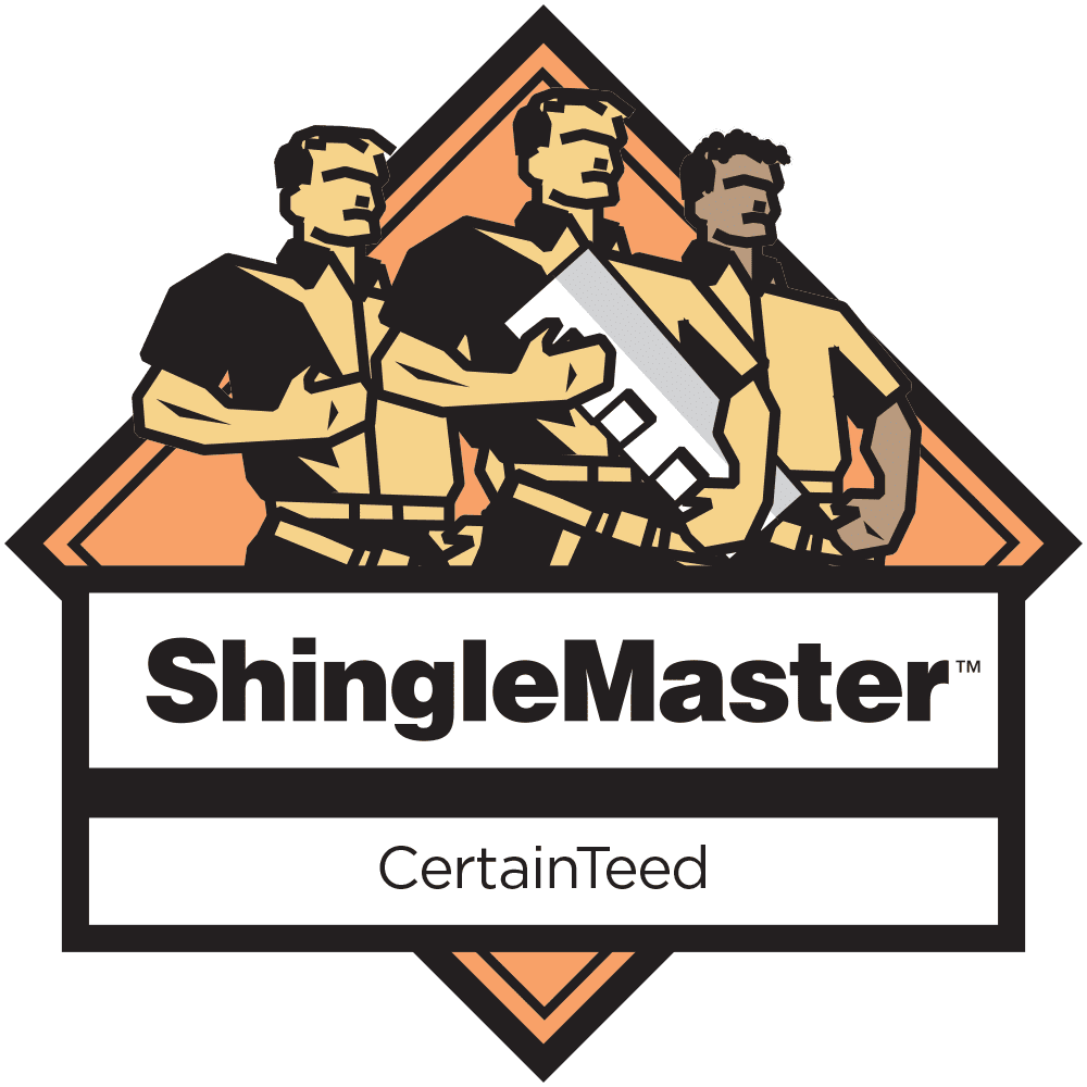 Logo of ShingleMaster by CertainTeed with three workers in a diamond shape.