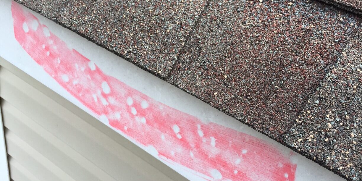 Roof shingles with damaged and peeling paint on the gutter.